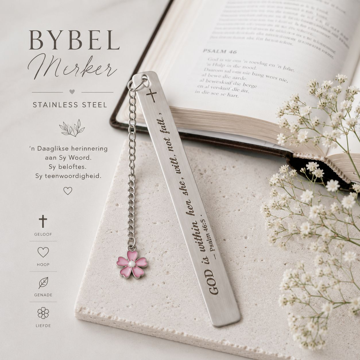 Stainless steel Bybelmerker- God is within her, she will not fall." – Psalm 46:5