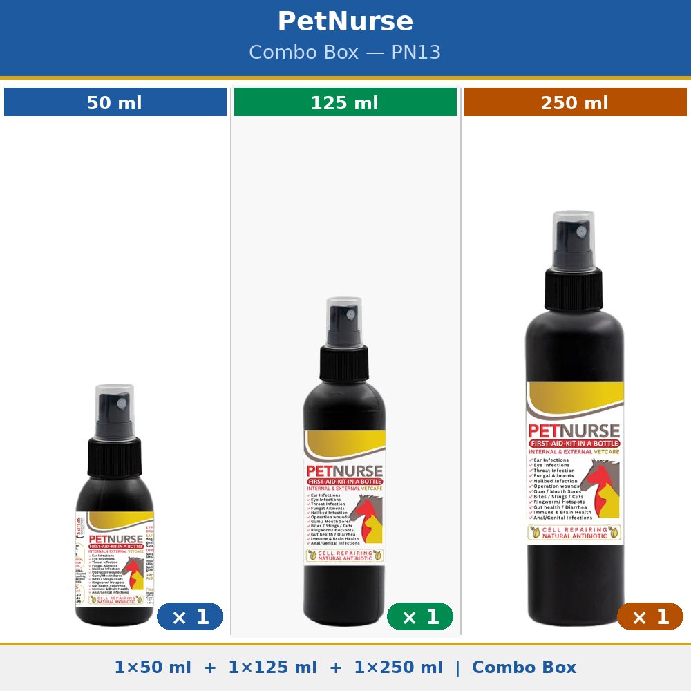 PetNurse (1 x 50 ml) + (1 x 125ml) + (1 x 250ml) - First-aid-kit in a bottle - Starterpack 1