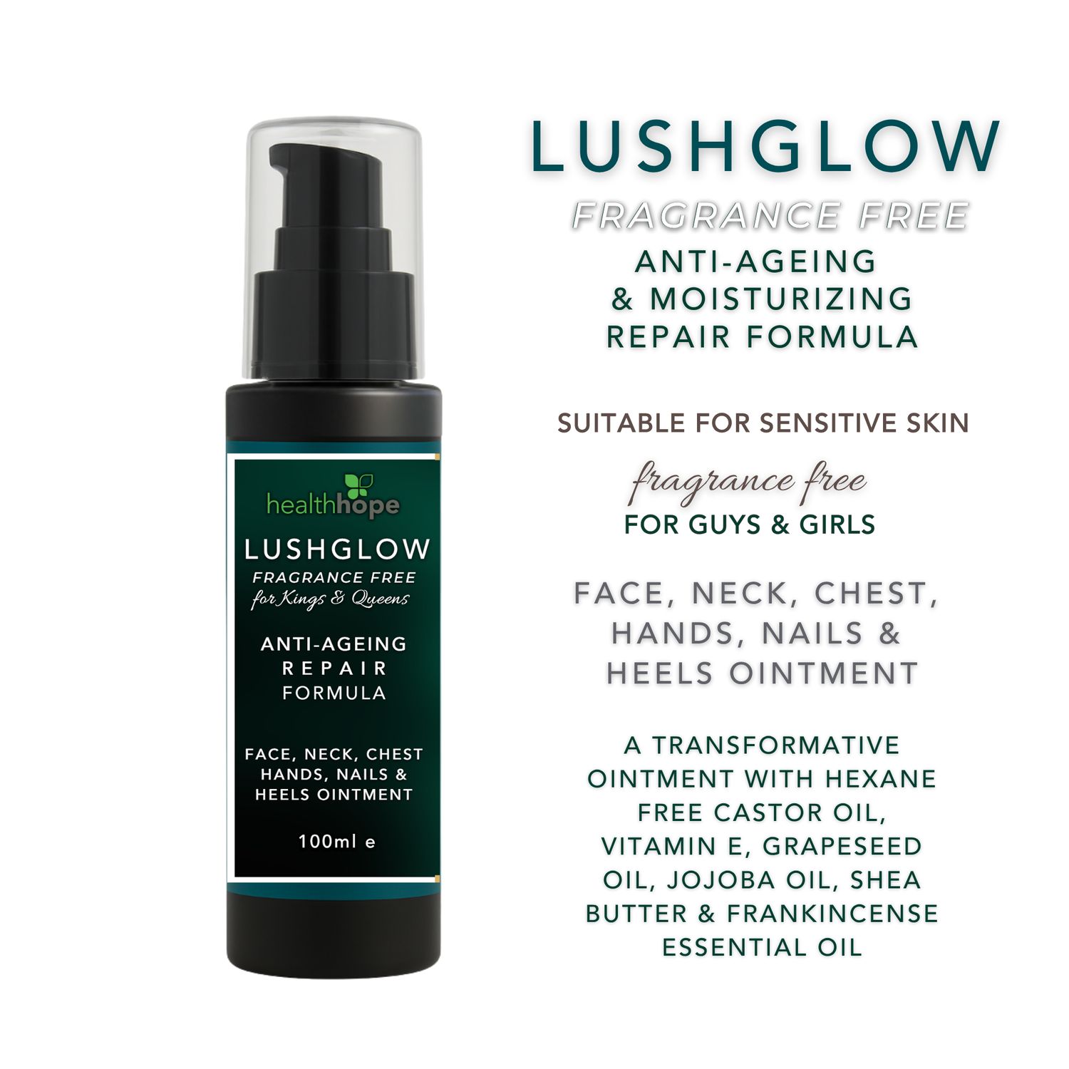 LushGlow Fragrance Free - Face, Neck, Hands &amp; Feet - Unisex, for Sensitive Skin
