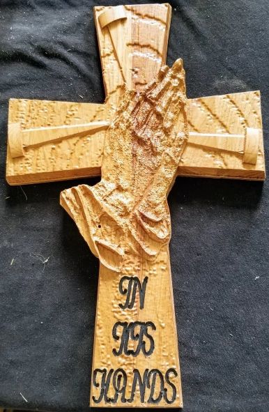 Cross with Praying Hands Plaque - "In His Hands"