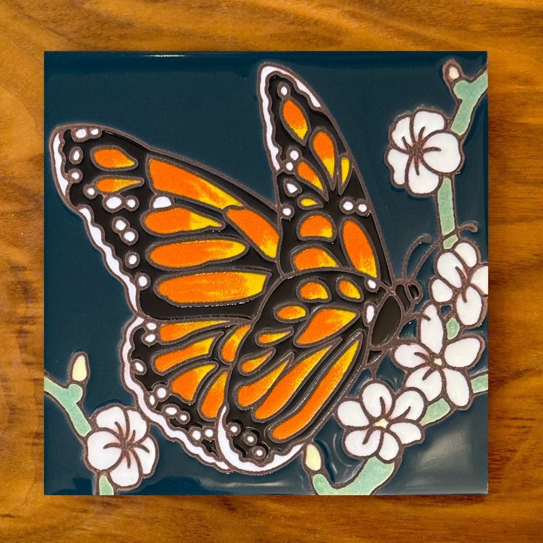 Monarch With White Flowers Art Tile 6x6