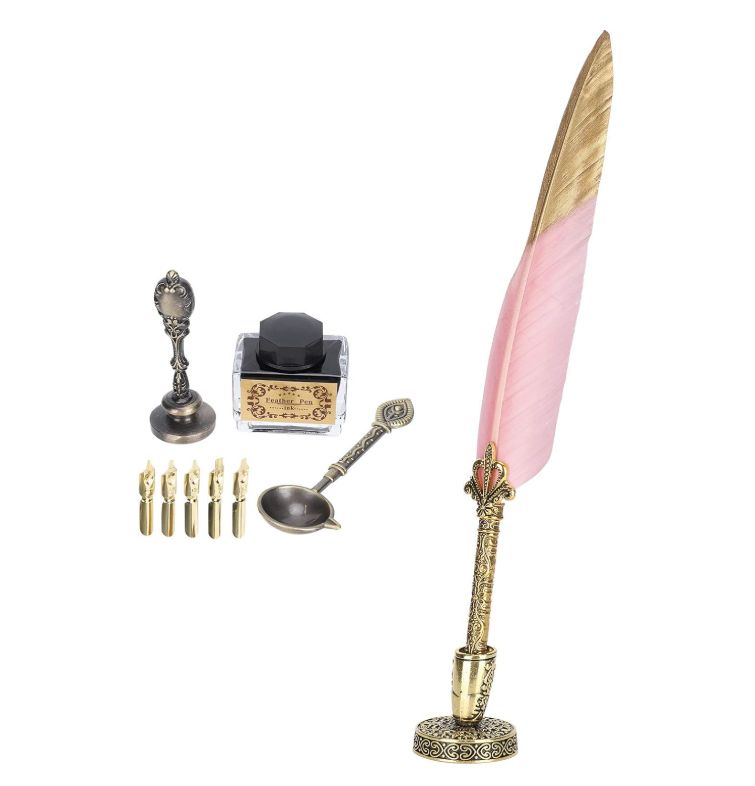 FEATHER PEN - Pink w Gold tip C'graphy Pen Set