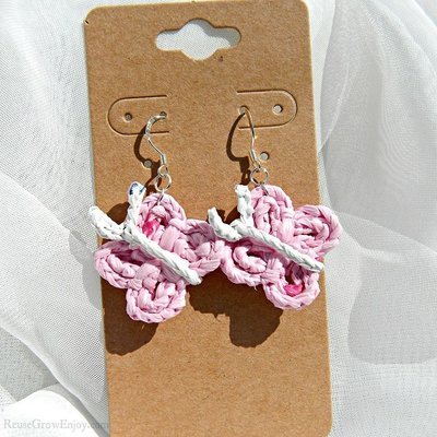 Light Pink With Dark Pink Flecks Crochet Butterfly Upcycled Bag Earrings