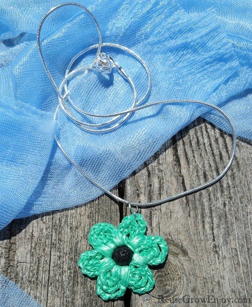 Essential Oil Diffuser Mint Green Crochet Flower Upcycled Bag Necklace With Black Lava Bead In Center