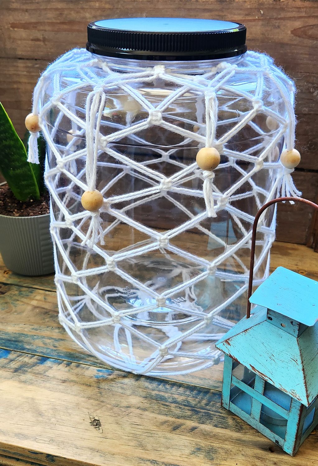 LARGE Upcycled Macrame Storage Container | Eco-Friendly Kitchen Jar | Boho Home Decor | Farmhouse Pantry Canister