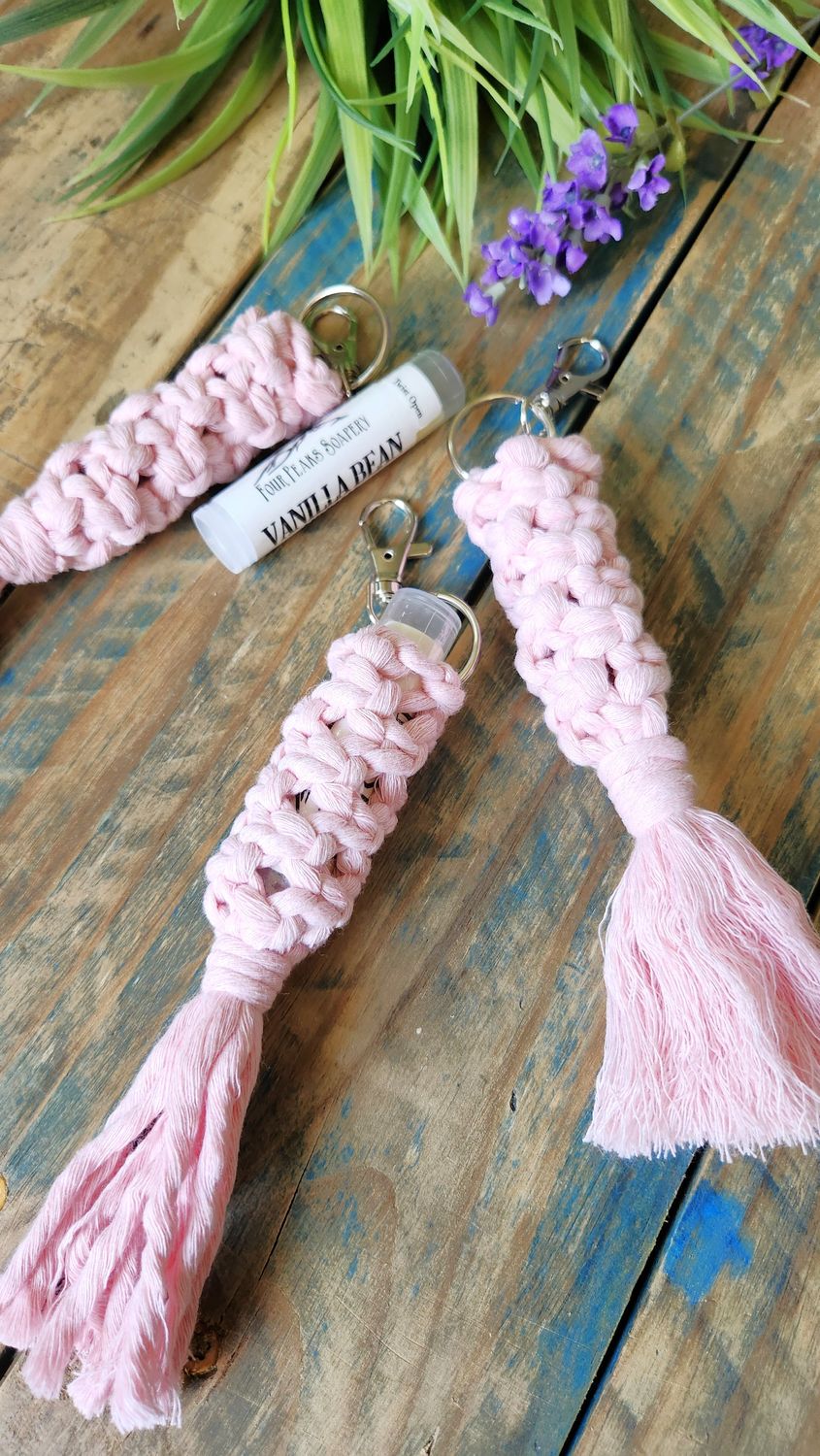 Macrame Lip Balm Holder Keychain – 100% Recycled Cotton Cord  –  Eco Friendly Bag Accessory