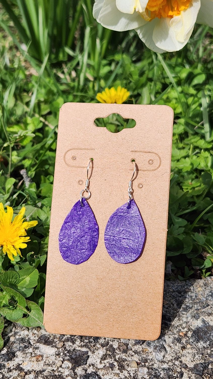 Upcycled Faux Leather Purple Teardrop Earrings (made from plastic)