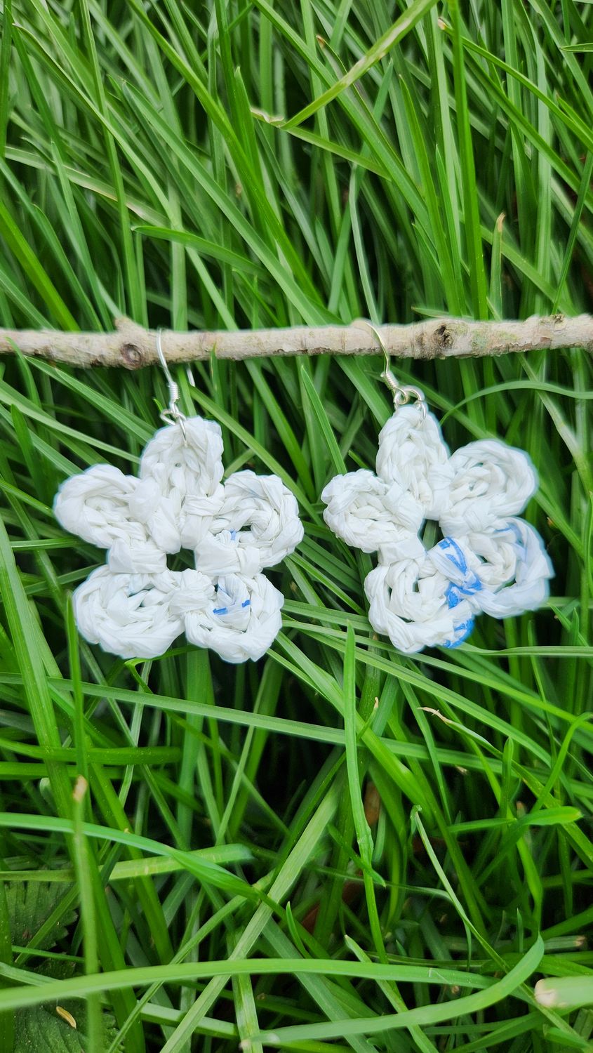 Crochet Flower Earrings (made from Upcycled Plastic Bags)