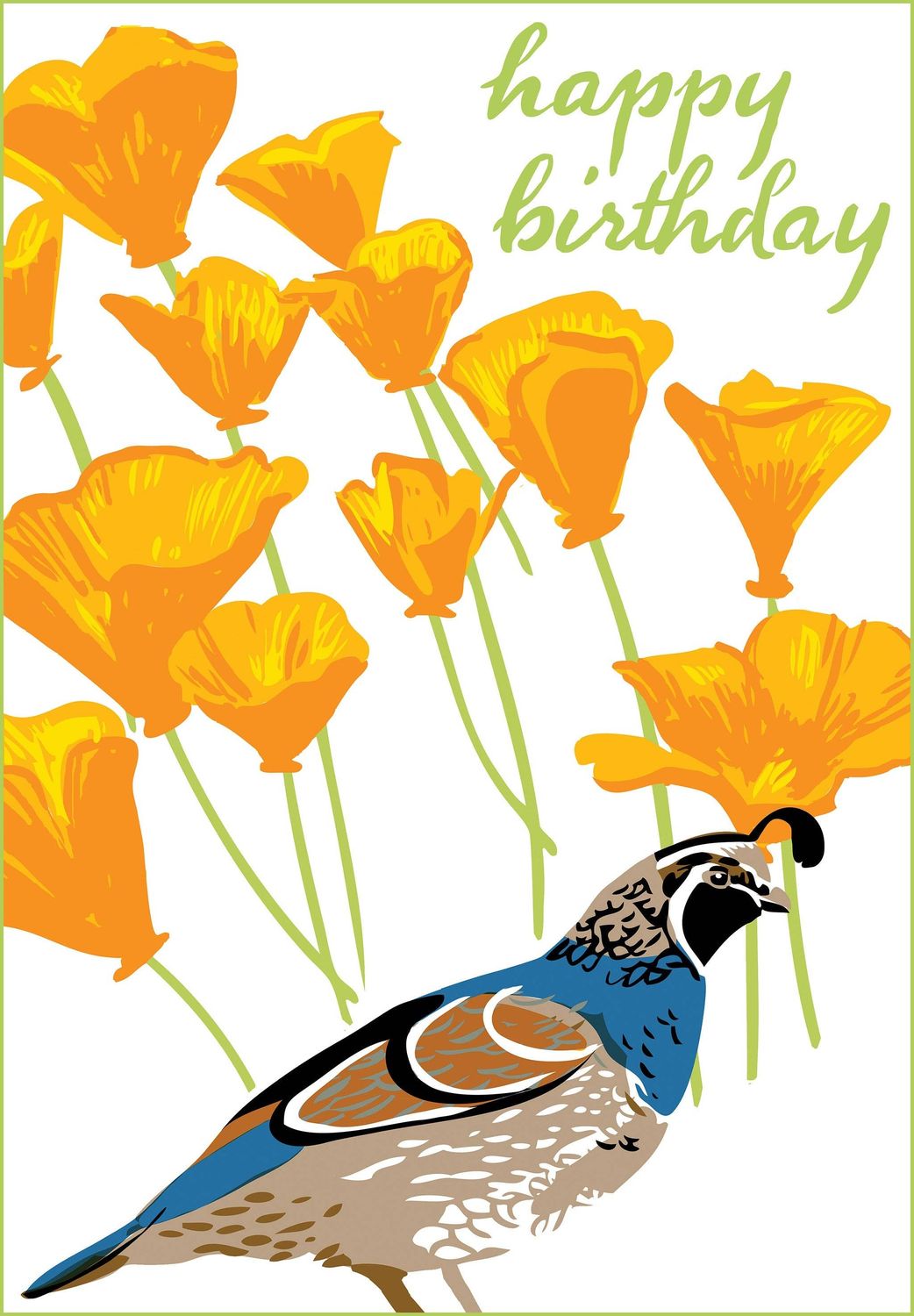 Quail &amp; California Poppies - Birthday Greeting Card