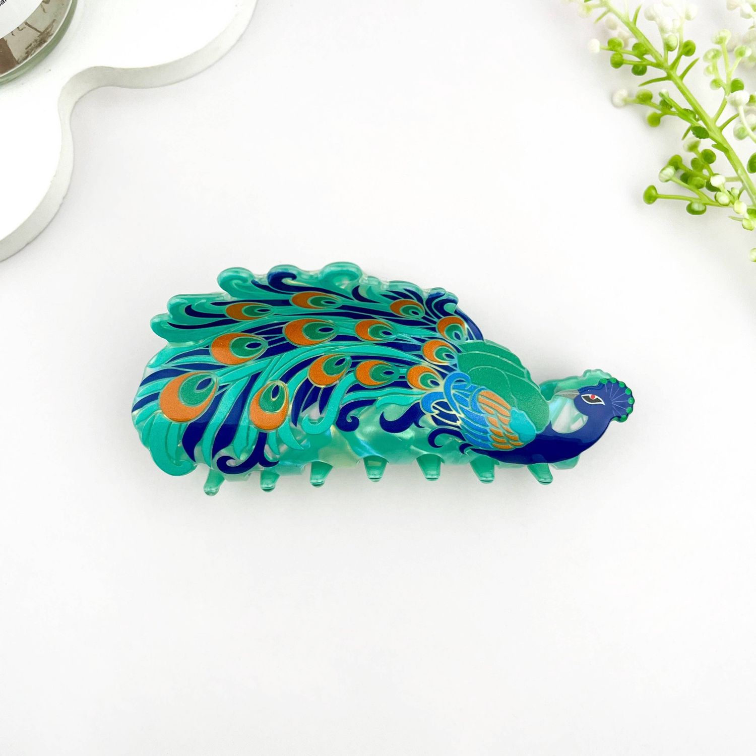 Peacock Print Acrylic Animal Hair Claw Clip: Blue