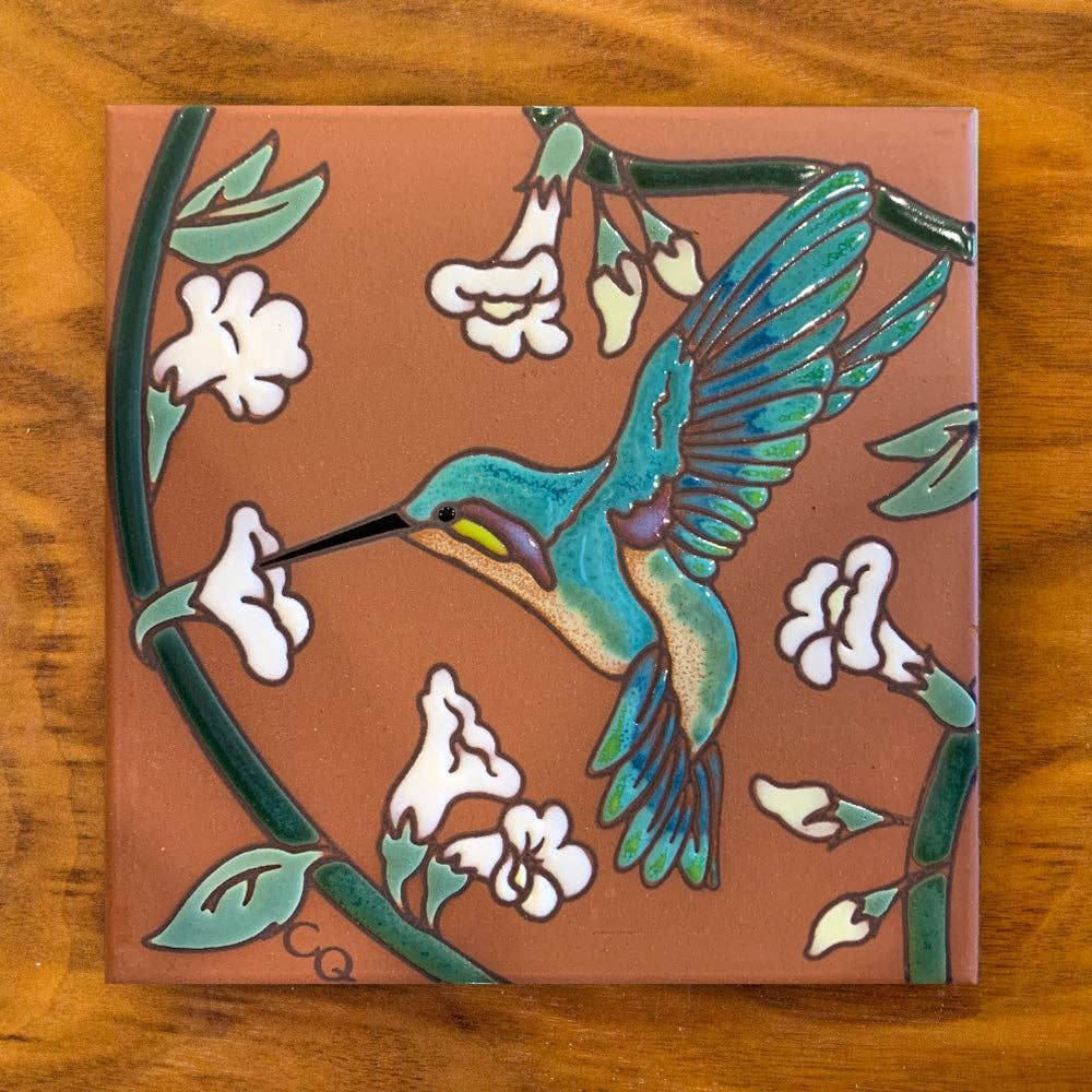 Hummingbird with White Flowers Tile Art Trivet, Color: Terra Cotta
