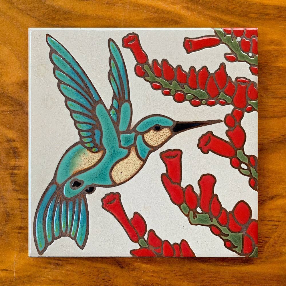 Hummingbird with Ocotillo Tile Art Trivet, Color: Gray