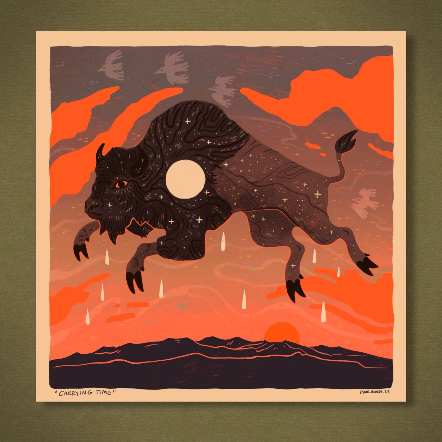 Leaping Bison - 8x8 Nature Wilderness Art Print