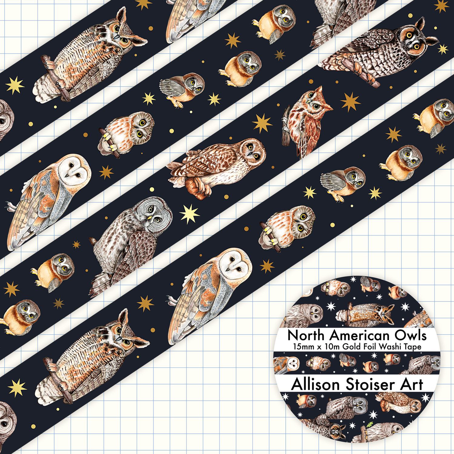 North American Owls Gold Foil Washi Tape