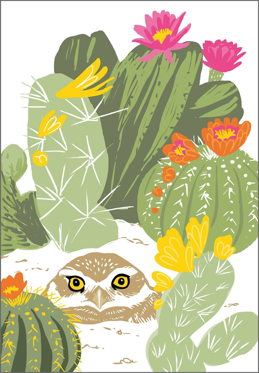 Burrowing Owl Bird &amp; Desert Cactus Flower  Magnet, Size: Owl