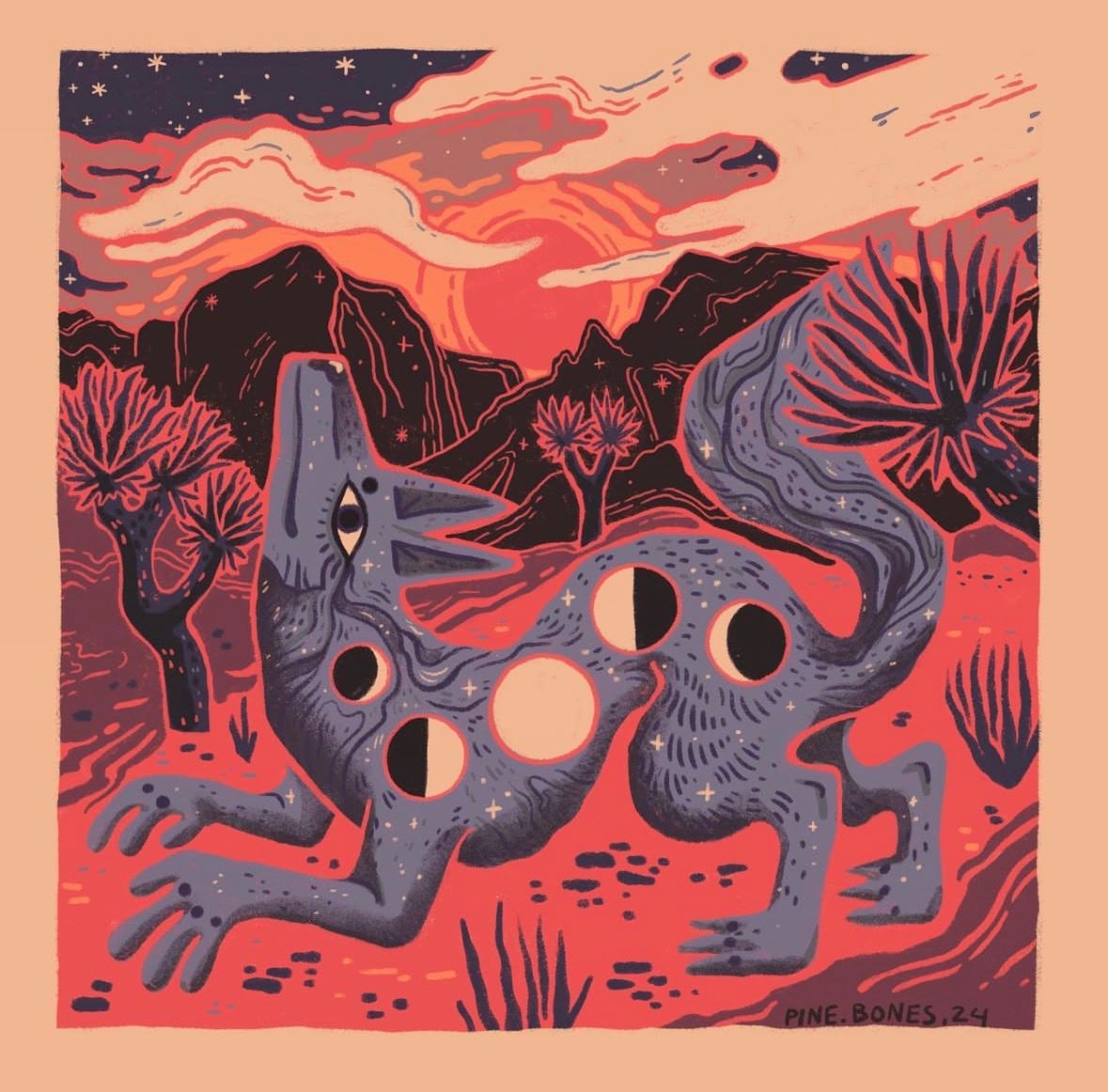 Sun Sets, Coyote Rising - 8x8 Nature Wilderness Art Print