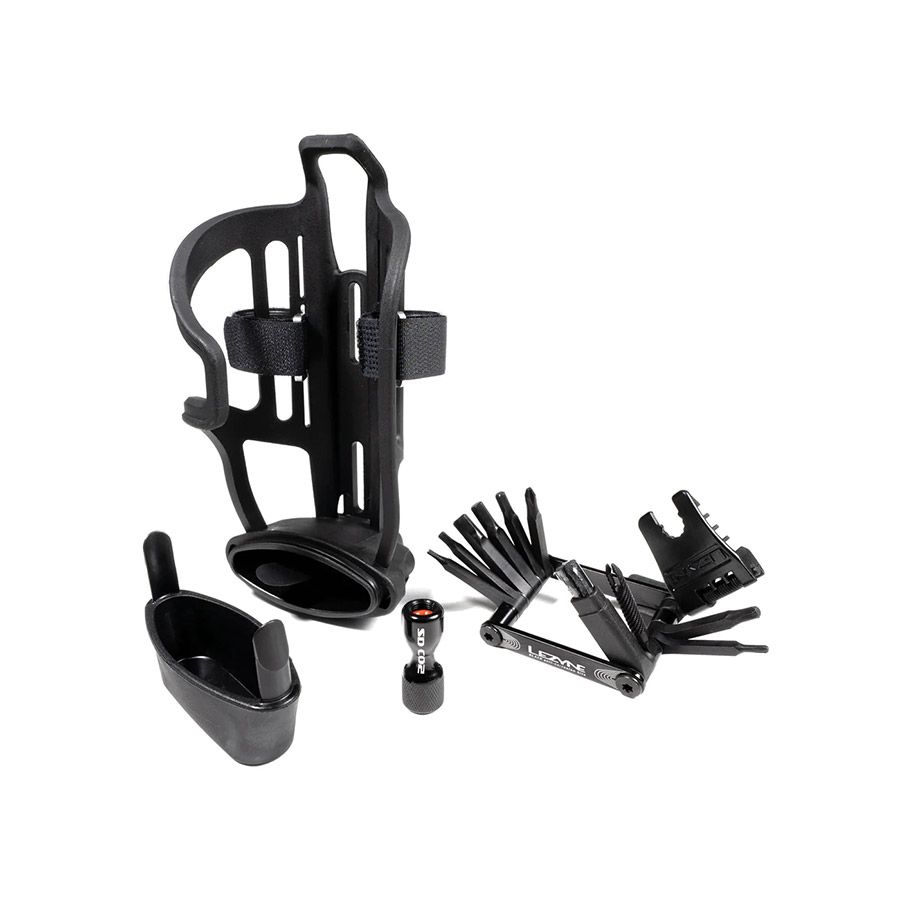 Lezyne, Tubeless Flow Storage Loaded, Bottle Cage, Composite, Includes CO2 Head, V18 Multi-Tool with Tubeless Reamer &amp; Tire Plug Kits (Right)