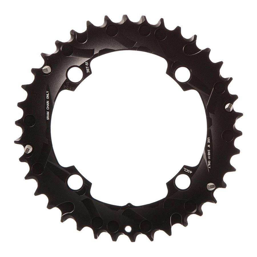 SRAM, 38T, 10 sp, BCD 104mm, 4-Bolt, Pour bashguard, Middle Chainring, For NO-PIN, Aluminum, Black, 11.6215.188.420