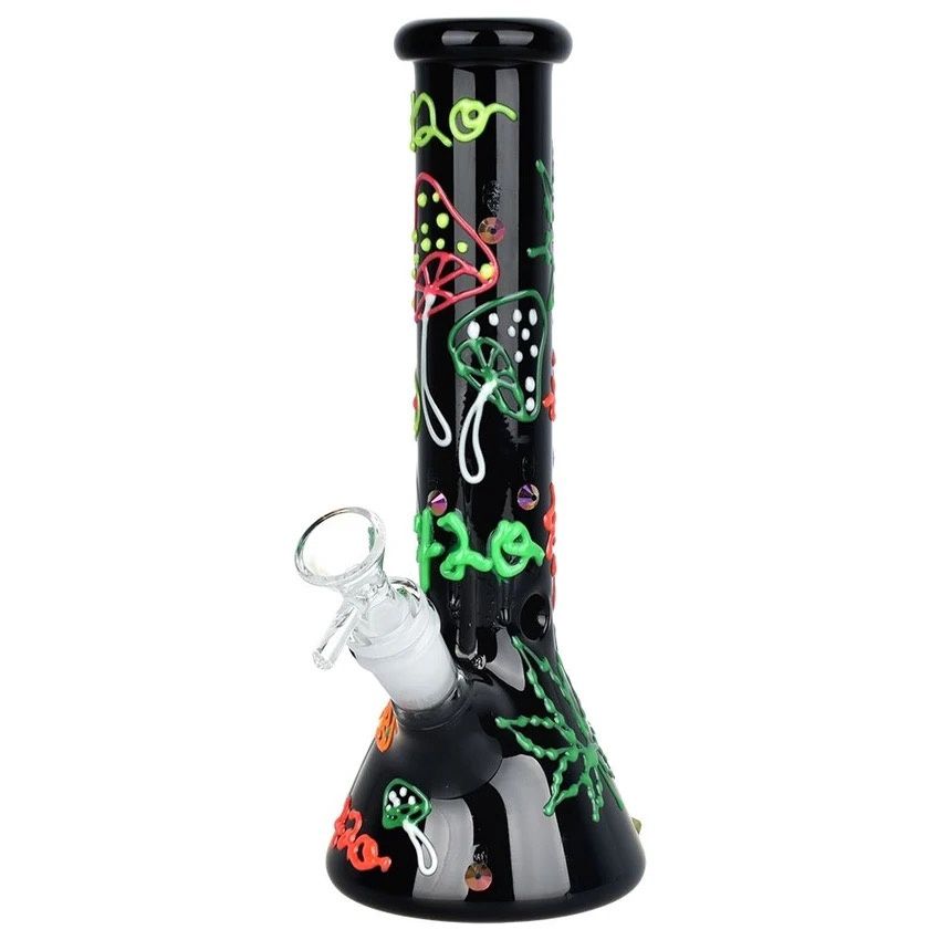 420 Leaf and Shroom Glow In Dark Glass Beaker Water Pipe (9.5", 14mm, F)