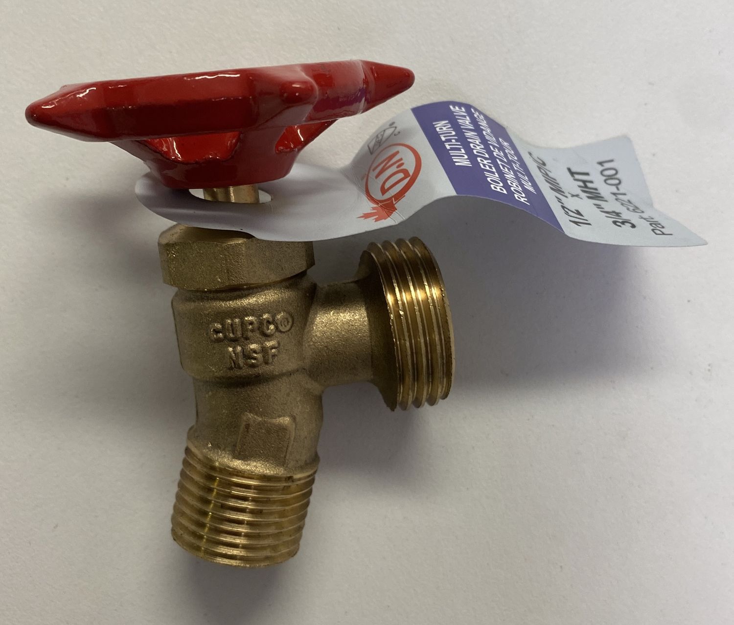 Brass boiler drain valve 1/2 MIP x 3/4 mpt red handle