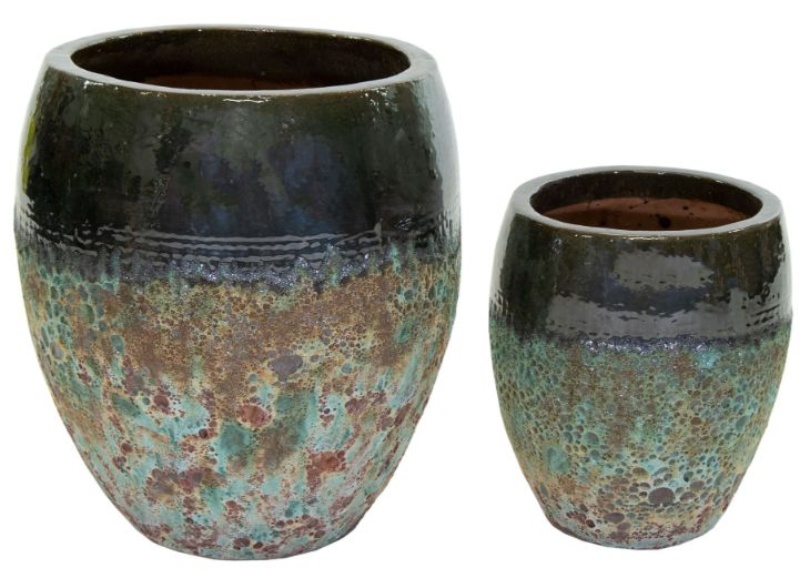 Antique 2Tone Belly S2 D34/48H38/53 Antique 2Tone Belly S2 D34/48H38/53, Material: Keramik, Farbe: Türkis, Gefäß: Topf, Form: rund, Oberfläche: antik