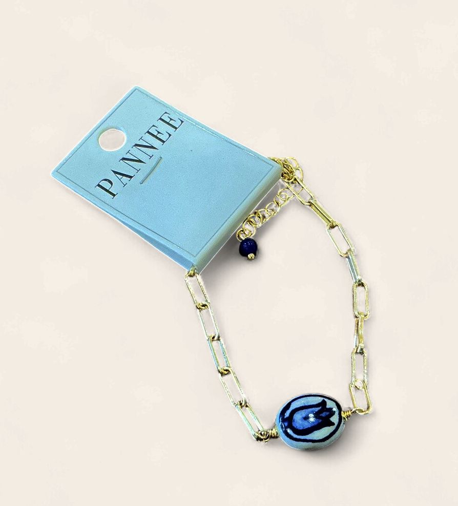 6" Bracelet|Gold Chain w\ Blue Flower||B04840