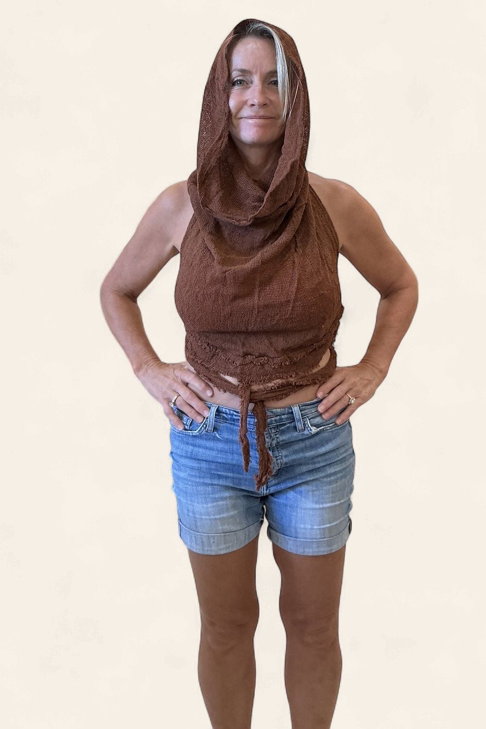 Crop Hoodie|Rust|Beige|Block Print Net