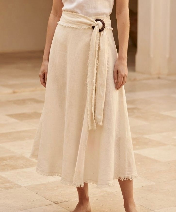 Fringe Ring Tie Detail Linen Skirt