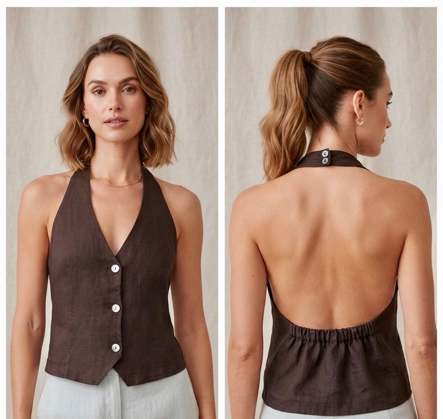 Linen|Sleeveless|Button Down|Halter Top