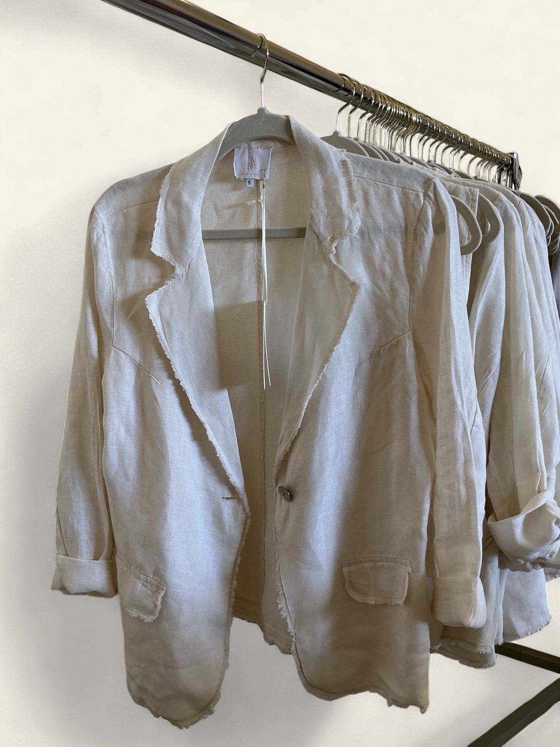 Single Button Linen Blazer w/ Frayed Lapel &amp; Hem