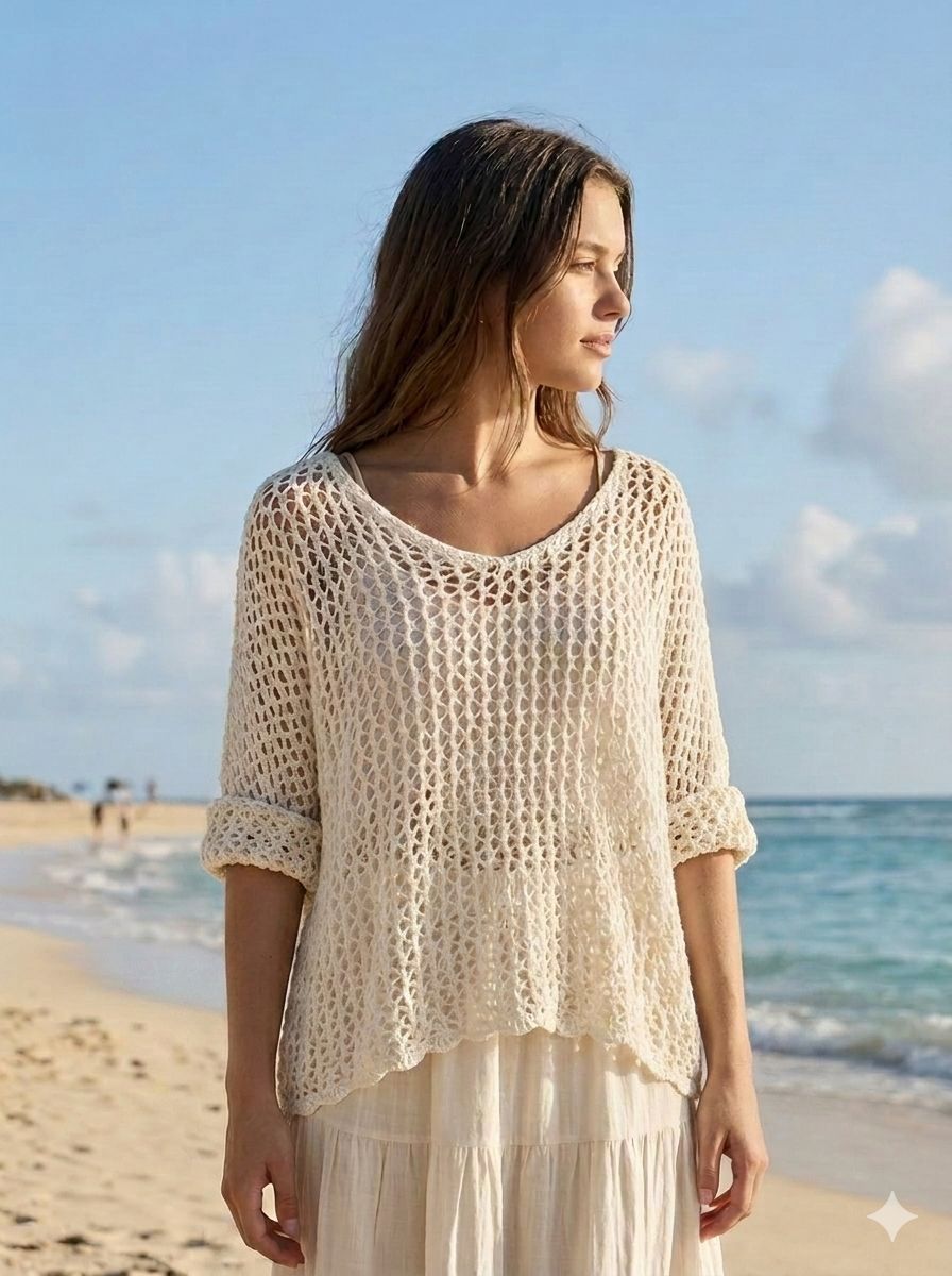 Long Sleeve|Drop Shoulder|Crochet|V Neck|Tunic/One Size