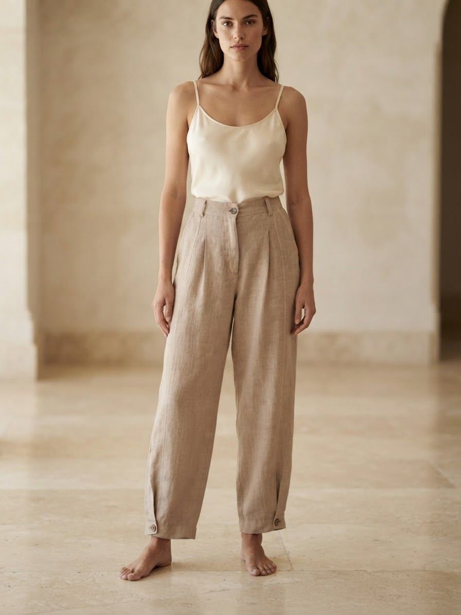Pleated Linen Pants w/ button Hem