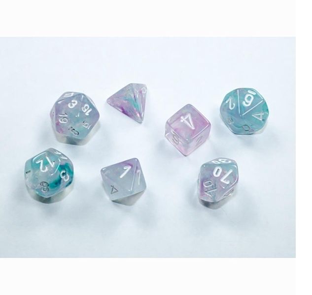 7ct Mini-Poly NEBULA WISTERIA with WHITE DICE SET
