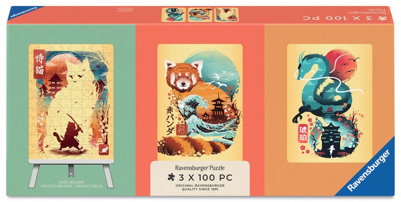 Cat Warrior, Red Panda &amp; Dragon 3x100pc Mini Puzzle