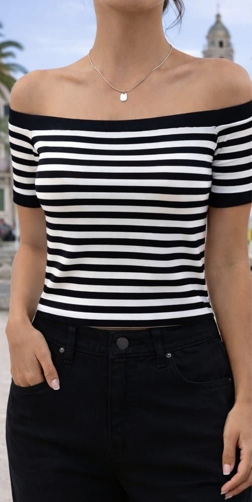 Camiseta manga corta Camiseta Marinera Off Shoulder de Rayas