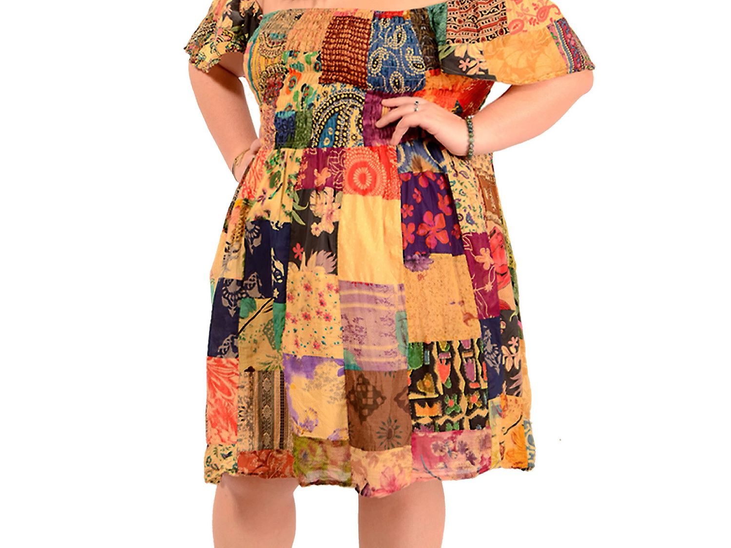 Little Wing Patchwork Printed Cotton Babydoll Dress XL/1X