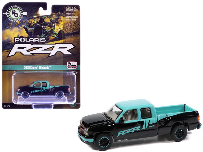 2006 Chevrolet Silverado Pickup Truck "Polaris RZR" Black and Blue "Big Country Collectibles" 2025 Series 1/64 Diecast Model Car by Auto World 2006 Chevrolet Silverado Pickup Truck "Polaris RZR" Black and Blue "Big Country Collectibles" 2025 Series 1/64 Diecast Model Car by Auto World