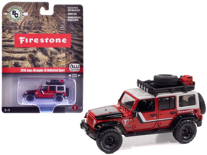 2018 Jeep Wrangler JK Unlimited Sport "Firestone Field Agent" Red with Graphics and Gray Top with Roof Rack "Big Country Collectibles" 2025 Series 1/64 Diecast Model Car by Auto World 2018 Jeep Wrangler JK Unlimited Sport "Firestone Field Agent" Red with Graphics and Gray Top with Roof Rack "Big Country Collectibles" 2025 Series 1/64 Diecast Model Car by Auto World