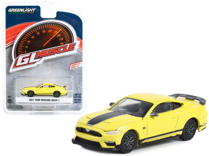 2021 Ford Mustang Mach 1 Grabber Yellow with Black Stripes "Greenlight Muscle" Series 27 1/64 Diecast Model Car by Greenligh