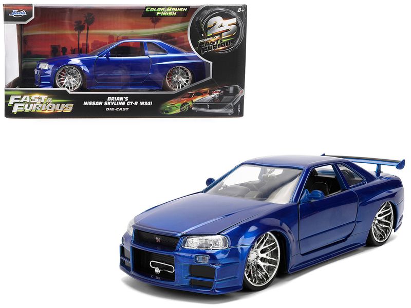 Brian's Nissan Skyline GT-R (R34) RHD (Right Hand Drive) Blue Color Brush Finish 25 Years of Fast &amp; Furious Anniversary "2 Fast 2 Furious" (2003) Movie "Fast &amp; Furious" 1/24 Diecast Model Car by Jada