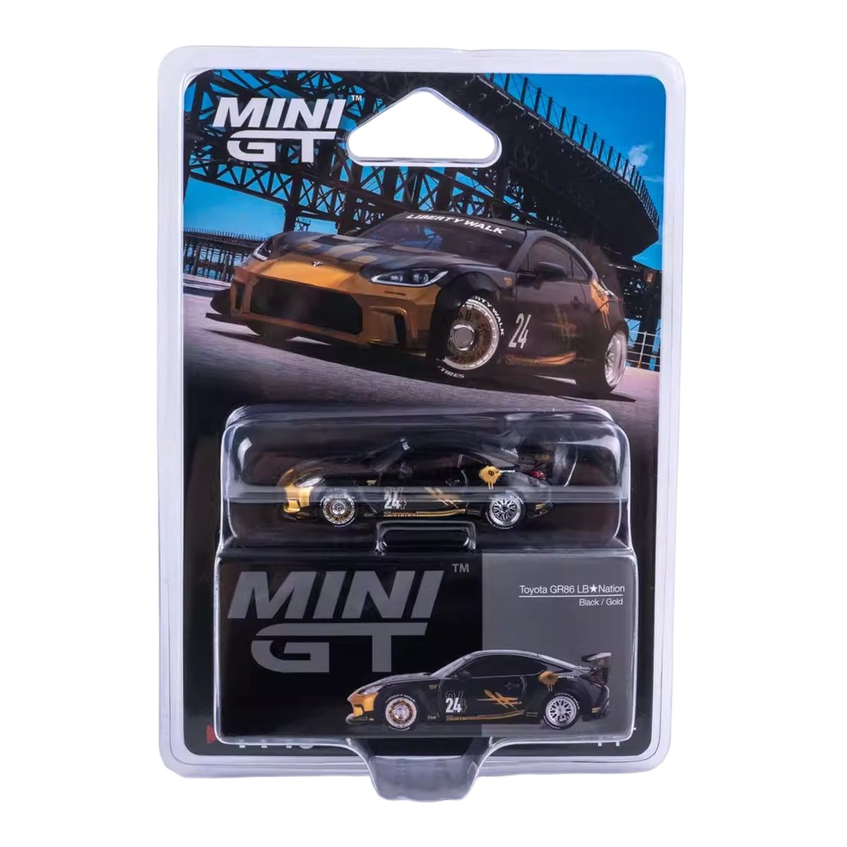 Mini GT Toyota GR86 LB Nation 1:64 scale diecast model in black and gold.