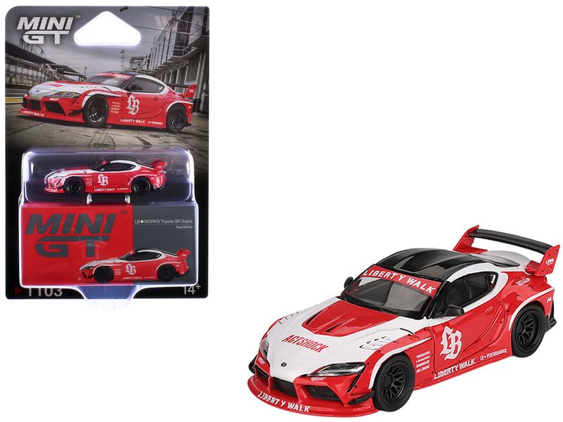 Toyota GR Supra 'LB-Works' Red with White Stripes - Limited Edition 1/64 Mini GT.