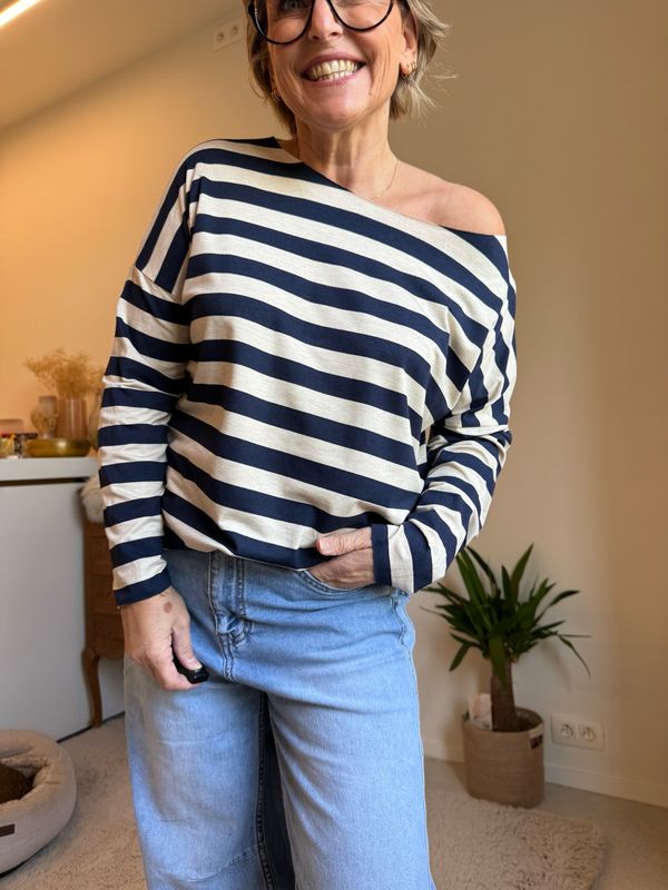Anja blauw ecru brede strepen, lange mouw