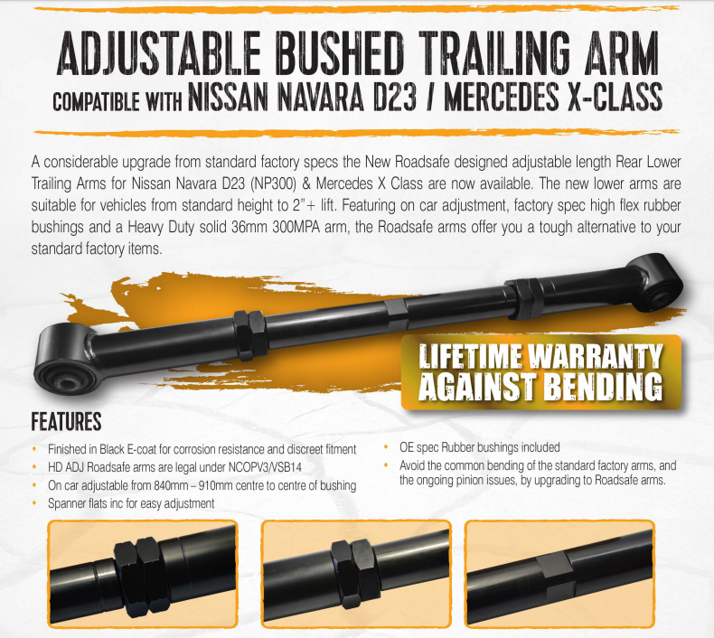 NISSAN NAVARA REAR LOWER ADJUSTABLE BUSHED TRAILING ARMS SUIT D23/NP300 LIFETIME WARRANTY AGAINST BENDING