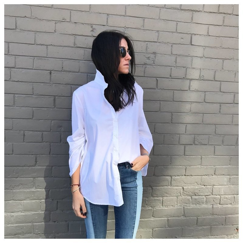 white blouse, 2 tone denim