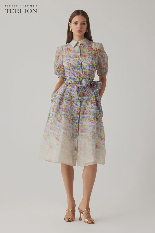 SILK LINEN PRINT PUFF SLEEVE SHIRTWAIST DRESS 26913