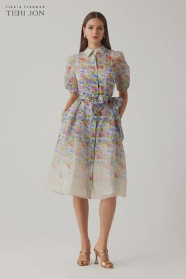 SILK LINEN PRINT PUFF SLEEVE SHIRTWAIST DRESS 26913