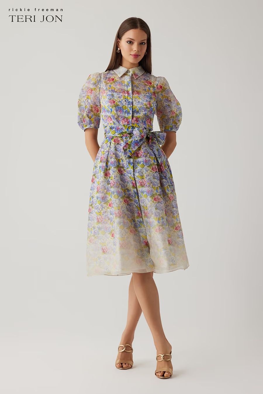 SILK LINEN PRINT PUFF SLEEVE SHIRTWAIST DRESS 26913