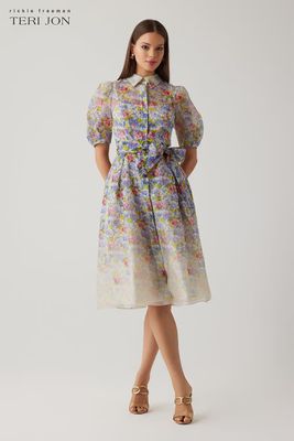 SILK LINEN PRINT PUFF SLEEVE SHIRTWAIST DRESS 26913