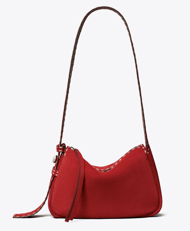 SMALL ROMY SUEDE PICK STITCH SHOULDER BAG